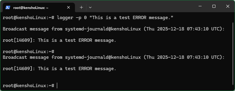 Linux VMからsyslog を発生させる様子