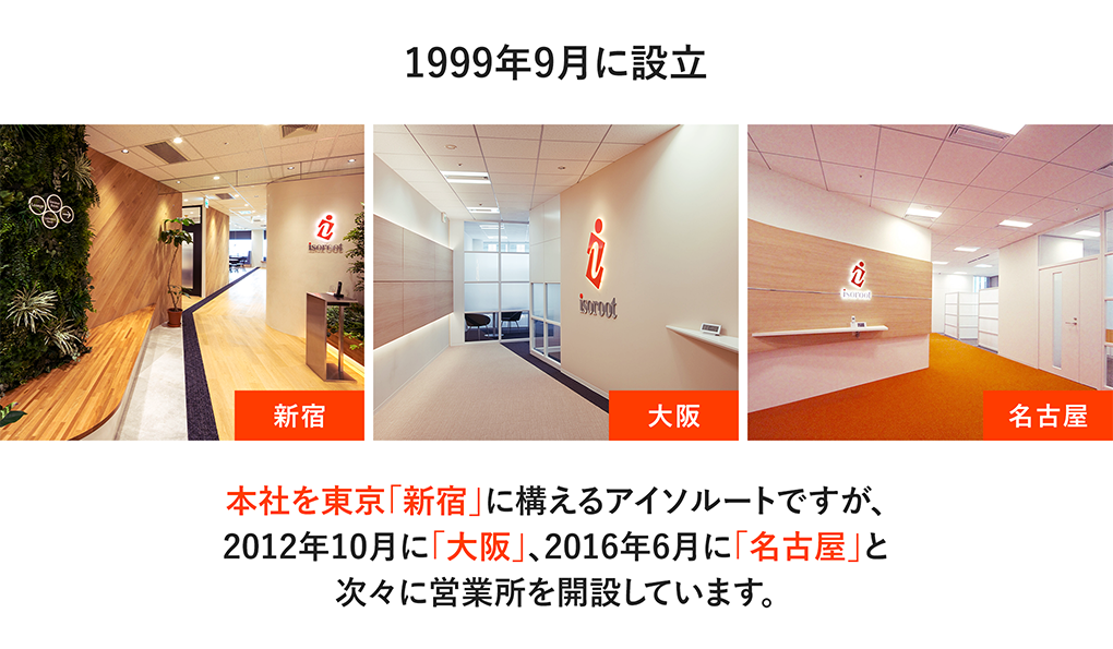 1999年9月に設立 本社を東京「新宿」に構えるアイソルートですが、2012年10月に「大阪」、2016年6月に「名古屋」と次々に営業所を開設しています。