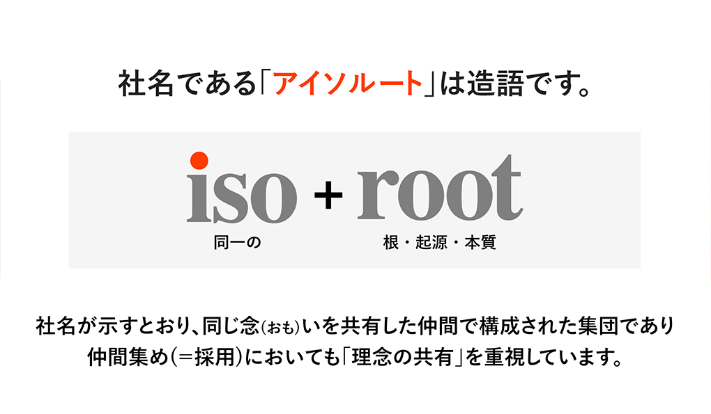 社名である「アイソルート」は造語です。同一の+根・起源・本質 社名が示すとおり、同じ念(おも)いを共有した仲間で構成された集団であり仲間集め(＝採用)においても「理念の共有」を重視しています。